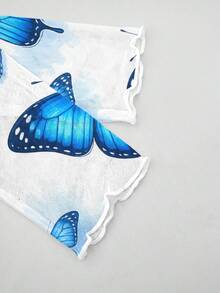 Women Blue Butterfly Print Mesh Long Sleeve Top, Crew Neck Sheer See Through Slim Fit Shirt, Ruffle Cuff Casual Layering Tee - Multicolor - View 4