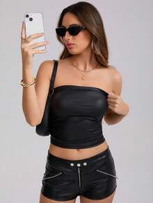 Halloween Sexy PU Material Bandeau Top - Black - View 6