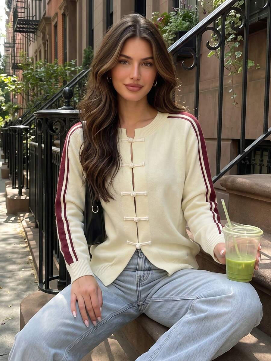 Autumn White Frog Button Knit Cardigan For Women Shoulder Striped Long Sleeve Chinese Style Fall Tops Elegant Casual Going Out Outfits - Apricot - View 1