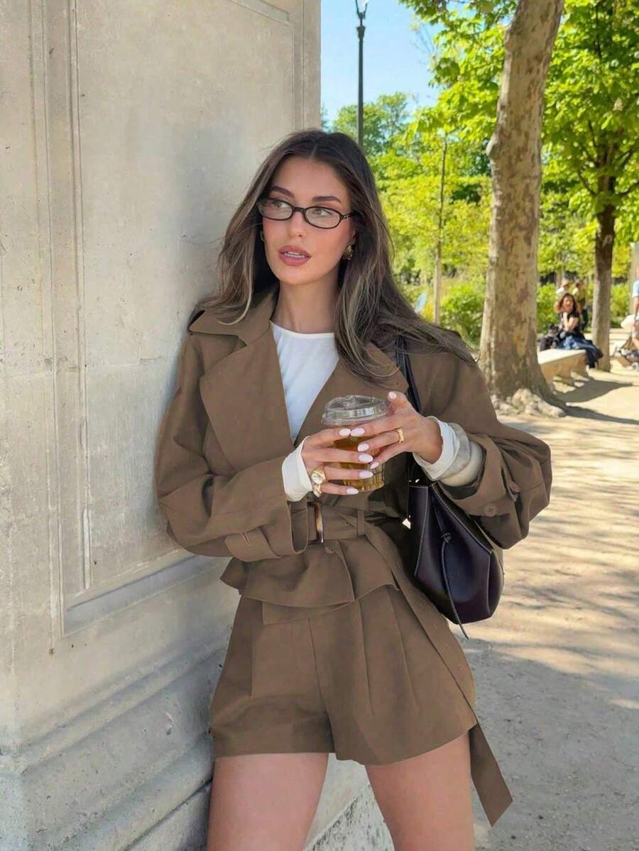 Women's Elegant Tie-Front Jacket And Shorts 2-Piece Set Casual Autumn Winter Spring Outfit - Brown - View 1