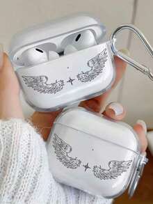 Casing Pelindung Earphone Gaya Gelap Garis Perak Sayap & Bintang, Tepi Hitam Minimalis Anti-Jatuh, Kompatibel dengan Semua Seri Casing Earphone Apple - Clear - View 3