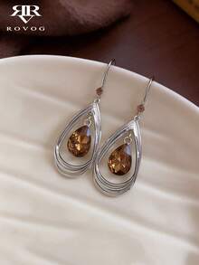 1 Pair Elegant Luxury Glass Geometric Teardrop Earrings Suitable For Women's Daily And Party Wear - Silver + Brown - View 2
