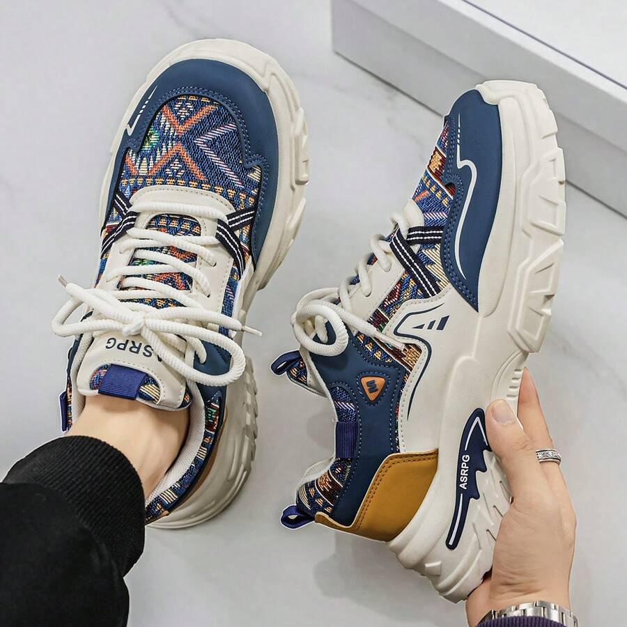 XSPV New Non-Slip Wear-Resistant Chunky Sneakers, Thick Sole Height-Increasing Casual Shoes, Low-Top Lace-Up Breathable Sports Shoes, Street Holiday Party Versatile All-Season Men's Shoes (Random Upper Pattern) - Blue - View 1