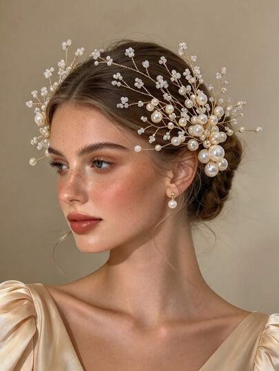 1pc Heavy Hand-Beaded Pearl Floral Branch Hair Accessory, Luxury High-End Bridal Headpiece, Exquisite Hair Clip For Wedding, Banquet, Party, Women's Updo