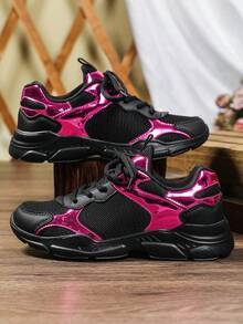 Men's Athletic Shoes, Mesh And Leather Color-Block Design, Perfect For Everyday Wear, Preppy-Style Running Shoes, Stylish Trail Running Shoes - Black Plum Red - View 1