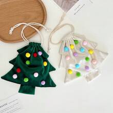 1Pc Christmas Tree Drawstring Gift Bag, Fuzzy Pom‑Pom Decor Xmas Pouch, Velvet Candy Goodie Sack, Tree‑Shaped Ornament Bag, Holiday Party Favor, Xmas Stocking Alternative, Small Present Storage Pouch For Christmas Decor & Gift Giving - Multicolor - View 3