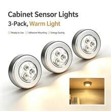 1PC/3pcs/6pcs/10pcs Silver Push Light, 3 LED Wireless Cabinet Night Light, Yellow/White Light Round Push Design, Wall Lamp Suitable For Home Lighting, Hallway Bathroom, Bedroom Kitchen, Cabinet Stairs, Dorm Lighting Gadget (Battery Not Included) - Silver Casing - View 9