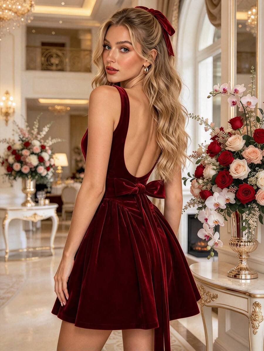 HOMEYEE Gaun Pendek Tanpa Punggung dengan Pita Warna Merah Natal untuk Wanita, Gaun Mini Koktail Tanpa Lengan Leher Persegi yang Menawan dengan Rok Mengembang - Burgundy - View 1