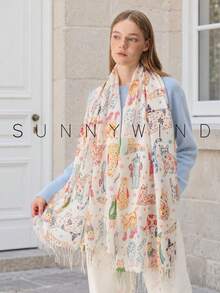 1pc Women's Cute Cartoon Kitten Animal Pattern Polyester Scarf, Sweet & Versatile Fashion Accessory For All Seasons Daily Wear - White - View 4