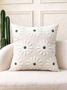 1pc Flower Embroidery Cushion Cover Without Filler, Modern Canvas Decorative Throw Pillow Cover For Home - Green - View 8