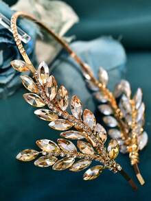 1 Pc Silver Leaf Rhinestone Headband Handmade Wedding Headpiece Sparkly Crystal Hair Hoop For Bride Wedding Evening Party Prom Photoshoot - Multicolor - View 7