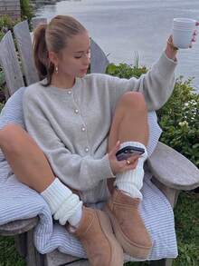 Women's Grey Knit Cardigan, Sweet & Spicy Style, Decorated With Pearl Buttons, Long Sleeve Casual Round Neck Sweater, Suitable For Spring Wear, Ribbed Knit Detail, Regular Length - Grey - View 3