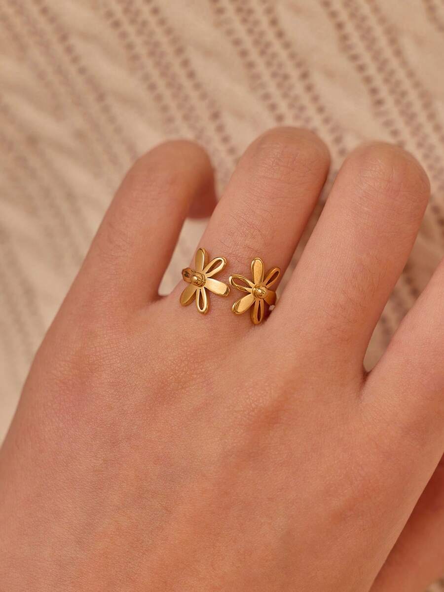 1 件不锈钢花朵设计金指环情人节、妈妈、母亲、母亲节、礼物 - 金黃色 - 查看 1