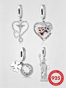 HuooNew 1pc 925 Sterling Silver Inspirational Pendant Set, Including Nurse, Theater, Lucky And Statue Of Liberty Pendants, Suitable For Bracelets, Hypoallergenic Jewelry Gift - Silver - View 1