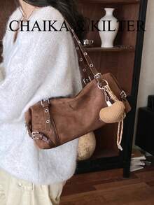 1pc Minimalist Fashion Buckle Suede Fabric Shoulder Bag, Suitable For Commuting, Shopping, Etc. (With Pendant) - Coffee - View 5
