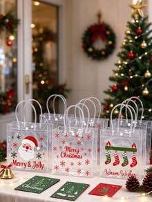 1 Set Transparent Christmas Gift Bags - Plastic Gift Bags With Handles And Ribbons, Suitable For Christmas Party Gifts - Multicolor - View 5
