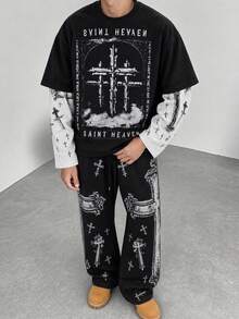 Zrgoth Men's American Vintage Distressed Cross Gothic Set, 2 In 1 Long Sleeve T-Shirt + Wide Leg Pants, American Vintage Streetwear Two Pieces Set - Black - View 2