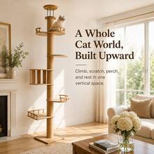 Floor‑To‑Ceiling Solid Wood Cat Tree Tower, Multi‑Level Platforms & Perches, Natural Sisal Scratching Post, Stable Height‑Adjustable Cat Activity Furniture For Indoor Cats - Beige - View 3