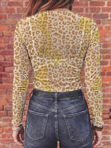 Women Yellow Leopard Print Mesh Long Sleeve Top, Crew Neck Sheer See Through Slim Fit Shirt, Western Casual Layering Tee - Multicolor - View 2