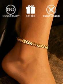 1pc 925 Sterling Silver Gold Plated Women's Anklet, Exquisite Fishbone Chain Design, Low Hypoallergenic, Suitable For Daily Wear - Gold - View 7