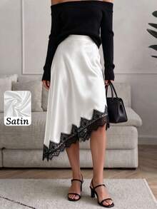 Women's Casual Inner/Outer Wear Solid Color High-Quality Satin Asymmetric Hem Lace Patchwork Mid-Length A-Line Skirt - White - View 5