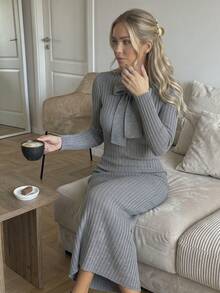 Women's Autumn Set: Gray Long Sleeve Slim Fit Knit Dress, Tie Neck, Fashionable And Elegant, Suitable For Parties And Outings - Grey - View 7
