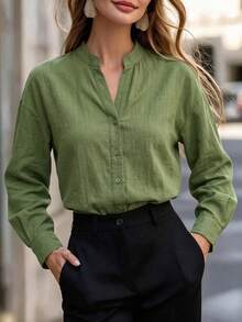 Women's Casual Solid Button Front Stand Collar Long Sleeve Button Cuff Relaxed Fit Shirt Business Office Home Vacation Daily Spring Autumn Winter - Army Green - View 6
