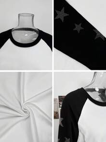 Kaos Lengan Panjang Raglan Kontras Hitam & Putih untuk Wanita, Dekorasi Rhinestone Bintang, Potongan Longgar, Lengan Raglan, Leher Bulat, Atasan Lapisan Dasar Kasual Serbaguna - Penyambungan hitam dan putih - View 8