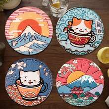 2D6pcs Japanese Cat & Mount Pattern Wooden Coasters, Floral Coffee Cup Mats, Suitable For Home And Restaurant Multiple Occasions, Beautiful Holiday Gift Home Decor - View 3