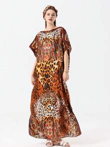 1pc Faux Silk Solid Color Long Robe Pullover Shawl With Small Scarf Set, Women's Outerwear Decoration For Beach, Sun Protection, Windproof, UV Protection, Daily Matching - Leopard and Zebra Print - View 7