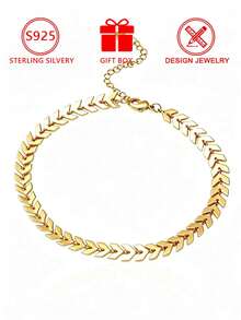 1pc 925 Sterling Silver Gold Plated Women's Anklet, Exquisite Fishbone Chain Design, Low Hypoallergenic, Suitable For Daily Wear - Gold - View 8