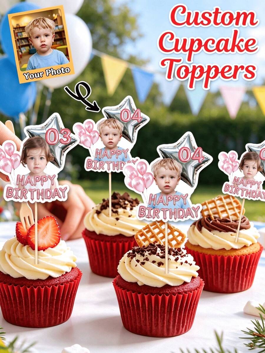 Personalized Photo Cake Topper, Customized Face And Age Happy Birthday Cupcake Toppers, Pink Balloon Birthday Cake Decoration, Customized Photo Cupcake Toppers, Birthday Party Supplies, Dessert Table Decoration - Pink 2 - View 1