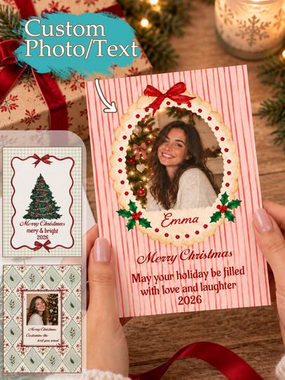 Custom Christmas Photo Greeting Card, Personalized Name & Message Holiday Card, Vintage Red Stripe & Bow Design With Holly Wreath, Festive Family Christmas Greetings, Customized Photo Card, Customizable Text & Picture Christmas Keepsake Gift 2026