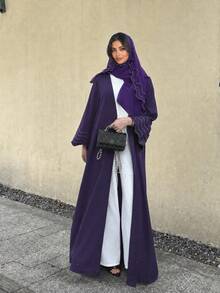 Women's Arabic Abaya Striped Embroidered Cardigan Jacket With Headscarf Spring Fall - Dark Purple - View 4