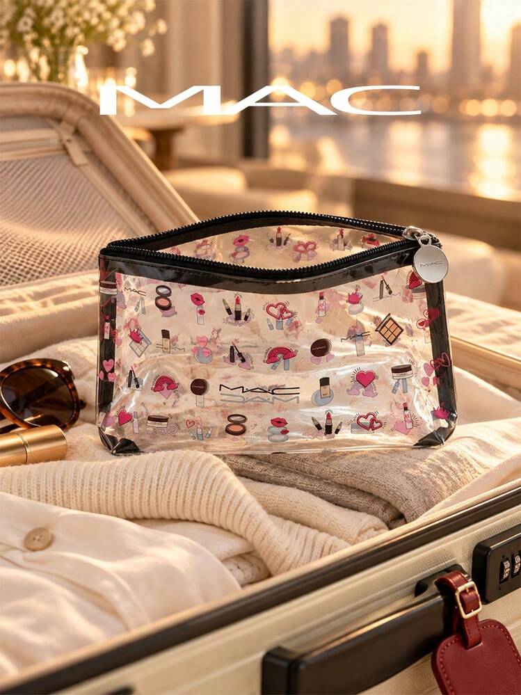 MAC 透明 PVC 化妝包，可愛化妝品印花，防水拉鍊化妝收納袋，便攜旅行盥洗用品收納包 - 無色 - 查看 3