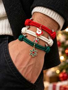1pc Christmas Woven Rope Bracelet, Santa Claus Snowflake Bell Pendant Stackable Wristband, Christmas Holiday Adjustable Knot Bracelet, Unisex Holiday Jewelry Gift - Multicolor - View 6