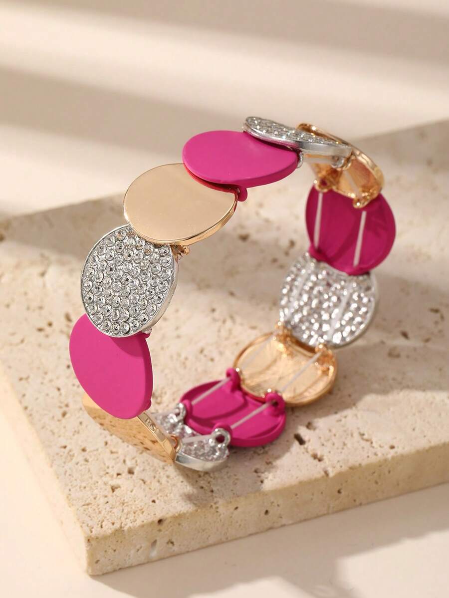 NAIZHU 1pc Elegant Luxury Rhinestone Bracelet Unique Design Women's Bangle Suitable For Daily Wear Gift Accessory - Hot Pink - View 1