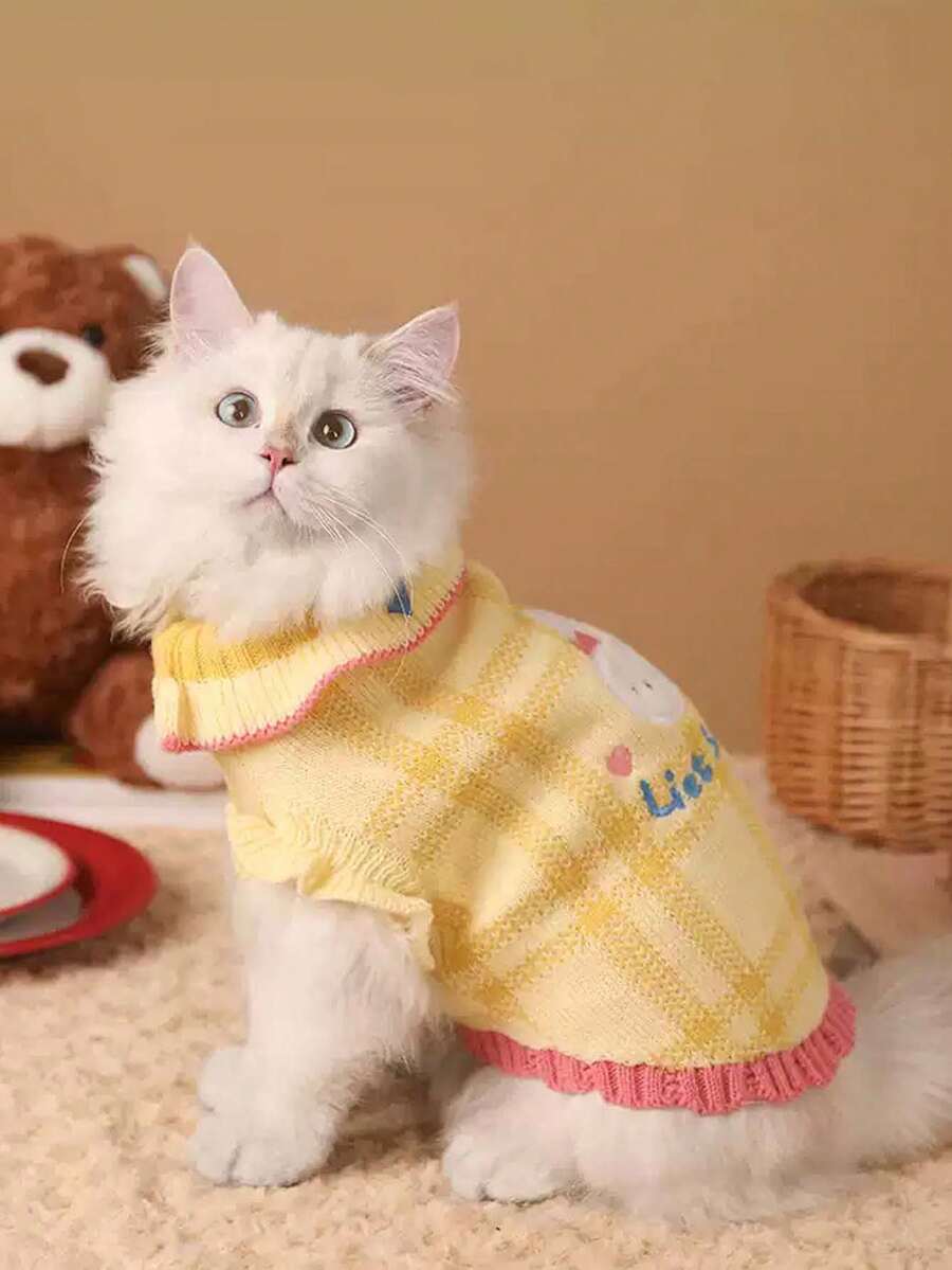 1pc Cute Plaid Dog Sweater (Yellow/Red) With Bow, Multi-Functional Striped Knitted Vest, Decorated With Cute Bear Or Rabbit Embroidery, Warm Winter Coat, Suitable For Small To Medium Dogs And Cats, Anti-Shedding Design, Suitable For Daily Wear And Outdoor Walks - Multicolor - View 1