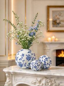 1PC Chinoiserie Blue & White Floral Sphere Ceramic Vase Set, Round Decorative Flower Vases For Living Room Entryway Balcony Home Decor - Blue and White Porcelain Round Vase - View 1