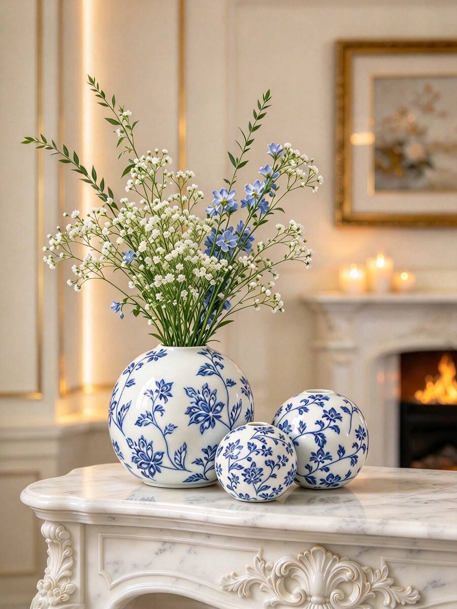 1PC Chinoiserie Blue & White Floral Sphere Ceramic Vase Set, Round Decorative Flower Vases For Living Room Entryway Balcony Home Decor - Blue and White Porcelain Round Vase - View 1