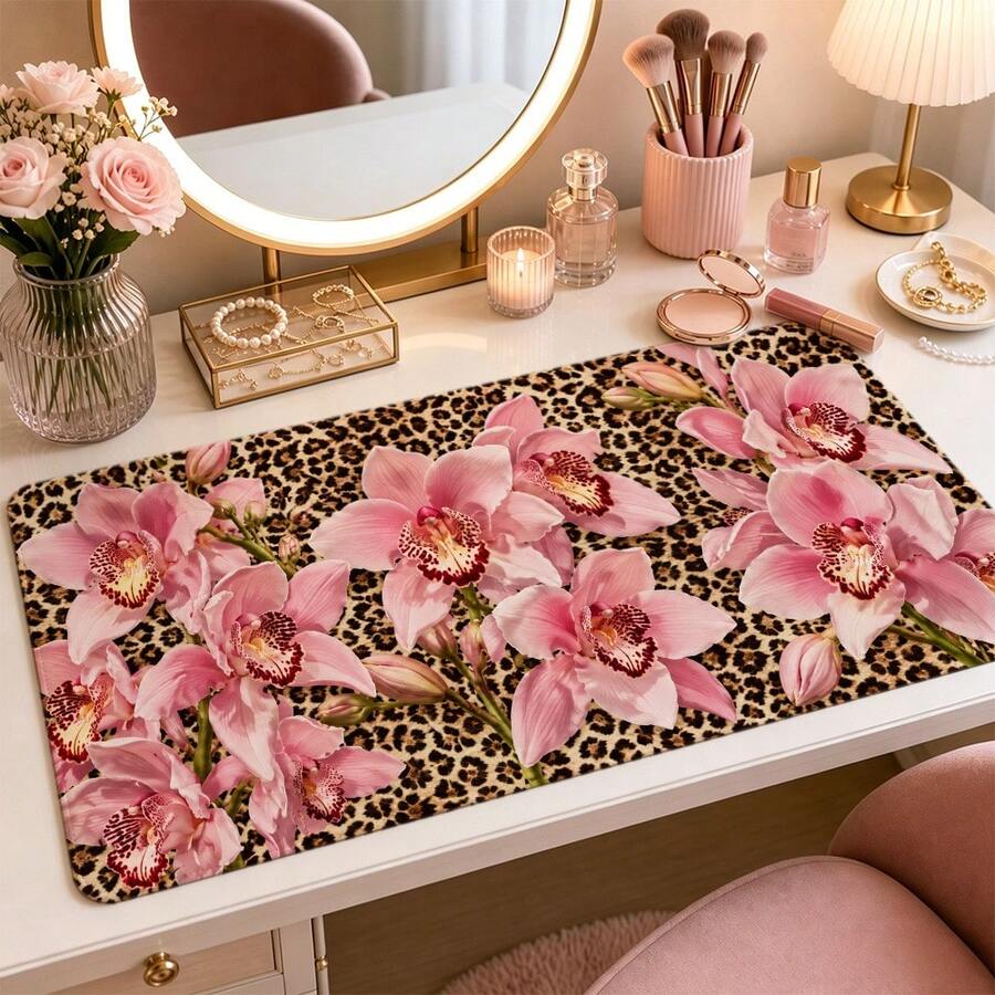 Pink Orchid And Leopard Print Extended Mouse Pads, Glam Floral Animal Pattern Large Desk Mats, Smooth Fabric Surface For Keyboard, Laptop, Home Office, Bedroom And Vanity Decor, 4 Sizes Available - View 1