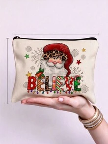 1pc Santa Claus Print Linen Zipper Pouch, Cute Cartoon Hand-Drawn Pattern With Christmas Hat, Sunflower, Snowflake And Gift Box Elements, Portable Flat Handbag, Large Capacity Storage Bag For Cosmetics, Lipstick, Stationery, Data Cable, Keys And Coins, Lightweight And Durable, Zipper Closure To Prevent Items From Falling Out - Multicolor - View 8
