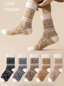 1/3/5 Pairs Vintage Fair Isle Pattern Autumn/Winter Terry Mid-Calf Socks, Women's Casual Home Floor Socks - Multicolor - View 6
