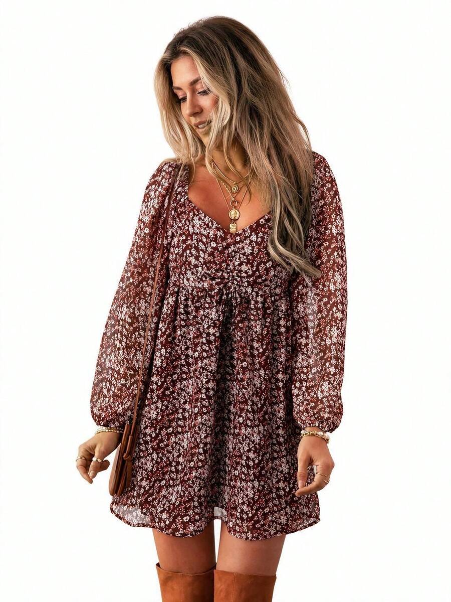 Acelitt Four Seasons Ditsy Floral Dress With Shirred Chest, Patchwork Back, And Lantern Sleeves Elegant Vacation - Burgundy - View 1