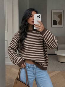 MORI Autumn/Winter Chocolate Striped Knit Crew Neck Long Sleeve Loose Fit Pullover Sweater For Women, Suitable For Coffee Dates And Travel - Coffee - View 1