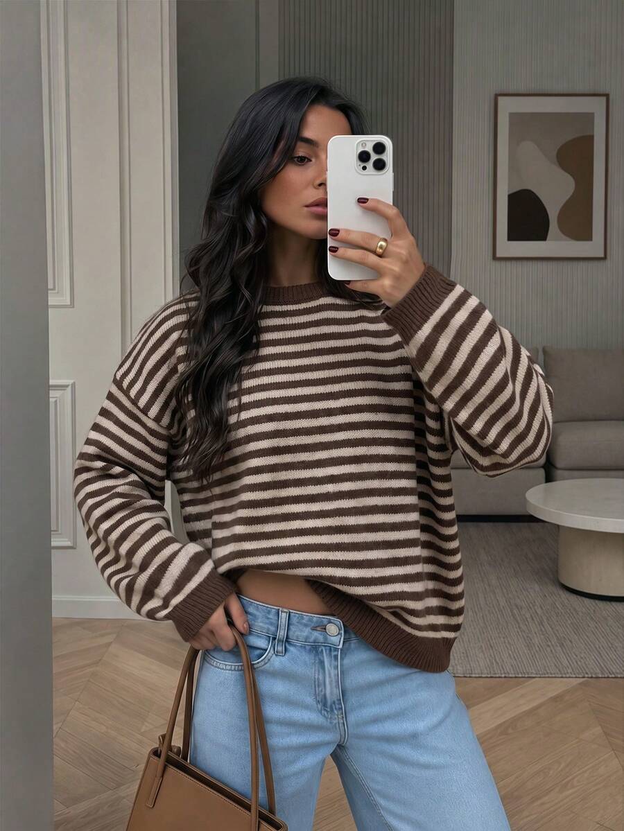 MORI Autumn/Winter Chocolate Striped Knit Crew Neck Long Sleeve Loose Fit Pullover Sweater For Women, Suitable For Coffee Dates And Travel - Coffee - View 1