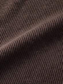 Women's Spring/Summer Oatmeal Solid Color Mock Neck Short Sleeve Ribbed Knit Fitted Midi Dress, Elegant Casual, Suitable For Office And Daily Wear - Coffee Brown - View 5