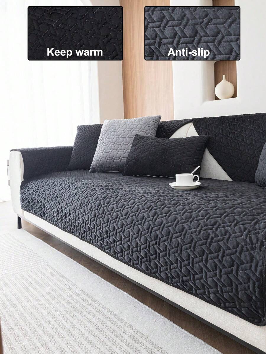 1pc Geometric Quilted Velvet Sofa Cushion, Minimalist Style, Non-Slip Back, Pet-Friendly, Soft Multi-Functional Anti-Dirt Anti-Dust, Holiday Decor Sofa Cover, Suitable For Backrest, Armrest, All Seasons - Black - View 1