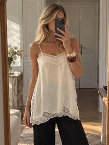 Lace Tank Tops For Women Backless Lace Cami Top Vest V-Neck Fit Camisole Side Slit Loose Top Sleeveless Crop Tops For Going Out - Beige - View 3