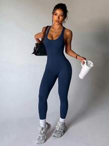 Slayoga Seamless High Elasticity Sexy Sports Jumpsuit, Suitable For Sports And Casual Wear, Summer Style - Navy Blue - View 4